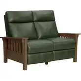 Artisan Power Reclining Loveseat with Power Headrests in Oasis Olive Green Top-Grain Leather & Wood